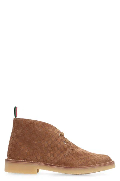 Gucci Brown Oxford Shoes With Web Detail On The Heel And Low Heel In Gg Canvas Man In Brown