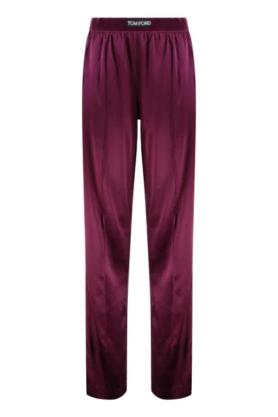 Tom Ford Fuchsia Pants With Elastic Waist With Logo Lettering In Silk Stretch Woman In Burgundy
