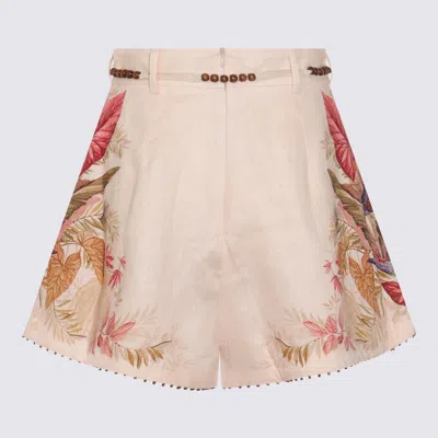 Zimmermann Ascension Belted Bead-embellished Floral-print Linen Shorts In Neutral