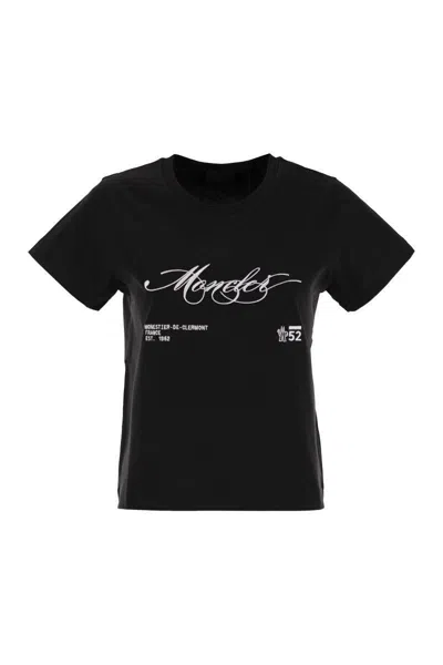 Moncler Women Cotton T-shirt With Embroidered Cursive Logo In Black