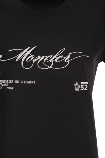 Moncler Women Cotton T-shirt With Embroidered Cursive Logo In Black