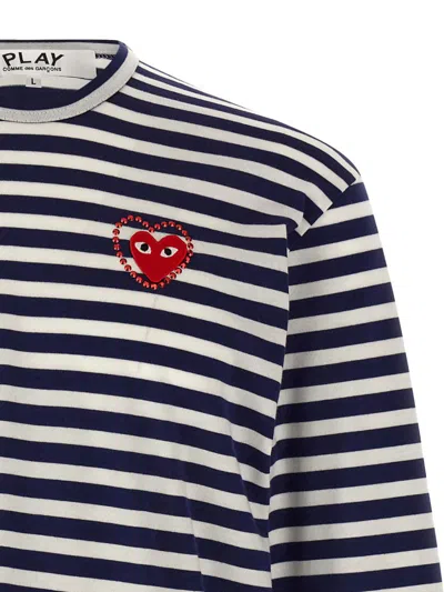 Comme Des Garçons Play Striped Logo Patch Crew Neck T-shirt In Blue