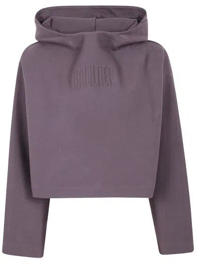 Jean Paul Gaultier Bonded Cotton Cropped Bat Sleeves Hoodie With "gaultier" Embossing Clothing In Purple