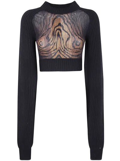 Jean Paul Gaultier Lambswool Ribbed Long Sleeves Cropped Sweater With Printed Mesh Cut Out Details C In Black