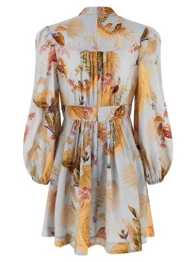 Zimmermann Ascension Light Blue Mini Dress With Flared Skirt And All-over Print In Linen Woman