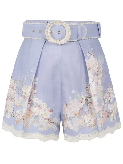 Zimmermann Cascadian Belted Lace-trimmed Pleated Floral-print Linen Shorts In Blue