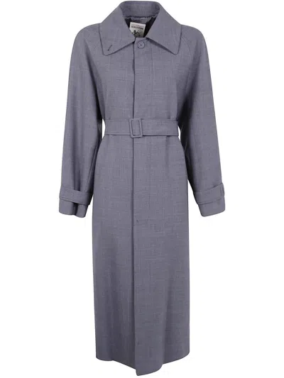 Semicouture Belted Collared Coat In Blue