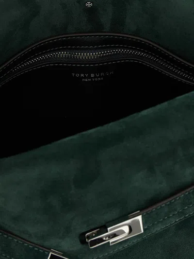 Tory Burch Large Rectangular Shoulder Bag With Suede Finish In Green