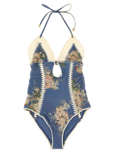 Zimmermann Cascadian Keyhole Crochet One Piece Tea Blue Botanical Floral In Blue