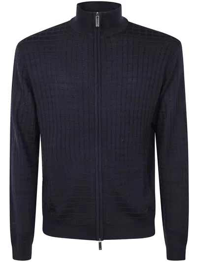 Emporio Armani Grid-pattern Zip-up Cardigan In Blue