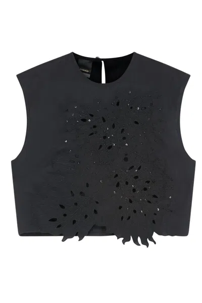 Pinko Crop Top With Openwork Embroidery And Crystals In Black