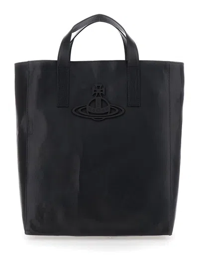 Vivienne Westwood 'sarah' Black Medium Tote Bag With Embossed Orb Logo On The Front
