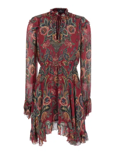 Etro High Neck Floral Print Mini Dress In Multi