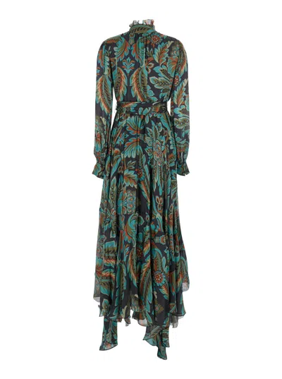 Etro Multicolor Long Dress With Self-tie Belt And All-over Floral Print In Silk Woman In Green