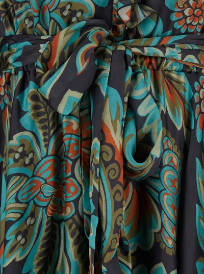 Etro Multicolor Long Dress With Self-tie Belt And All-over Floral Print In Silk Woman In Green