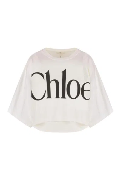 Chloé White Cropped Crewneck T-shirt With Maxi Logo Print On The Front In Cotton Woman