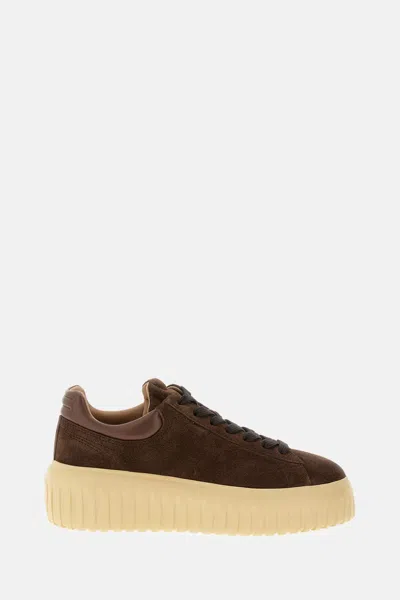 Hogan Leather Lace-up Sneakers Platform Sole In Brown
