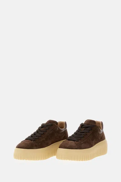 Hogan Leather Lace-up Sneakers Platform Sole In Brown