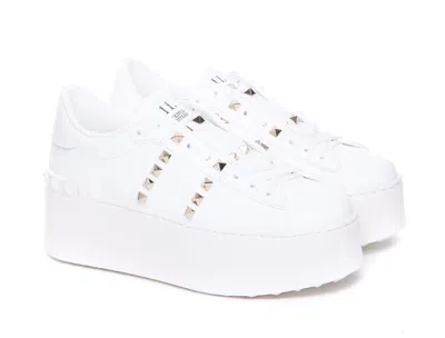 Valentino Garavani Flatform Rockstud Untitled Trainer In Calfskin And Wool Woman White 39