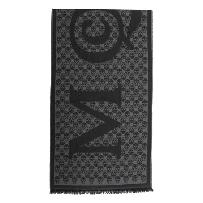 Alexander Mcqueen Multi-logo Wool Scarf With Fringed Edges In Black