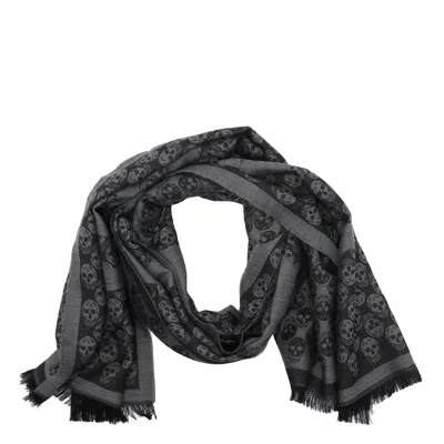 Alexander Mcqueen Multi-logo Wool Scarf With Fringed Edges In Black