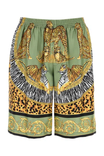 Versace Animal Print Silk Bermuda Shorts In Multi
