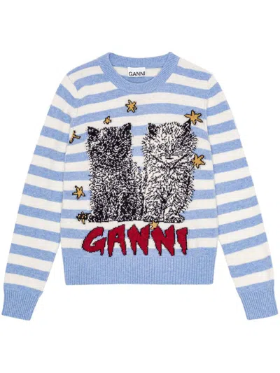 Ganni Light Blue Crewneck With Maxi Logo Print On The Front And All-over Striped Motif In Wool Blend Woman