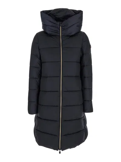 Save The Duck Lysa Black Long Down Jacket With Logo Detail In Shiny Fabric Woman In Black