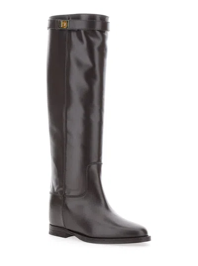 Via Roma 15 Brown Tall Boots With Decorative Buckle In Gray