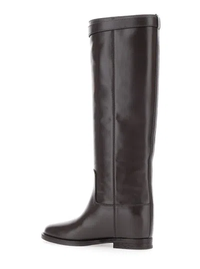Via Roma 15 Brown Tall Boots With Decorative Buckle In Gray