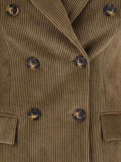 Plain Brown Double-breasted Jacket With Peak Revers In Courduroy Woman In Brown