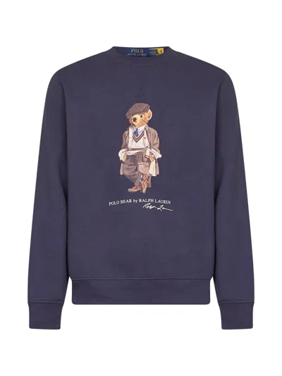 Polo Ralph Lauren Navy Blue Cotton Blend Sweatshirt With Iconic Bear Logo In Blue