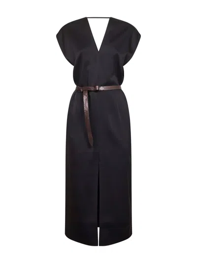 Brunello Cucinelli Women Black Cady Satin Belted Midi Dress