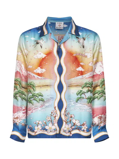 Casablanca Tennis Club Convertible-collar Printed Silk-twill Shirt In Black