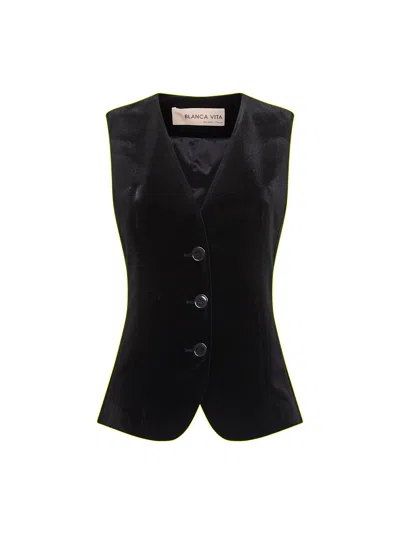 Blanca Vita Onyx Stretch Velvet Galky Vest In Black