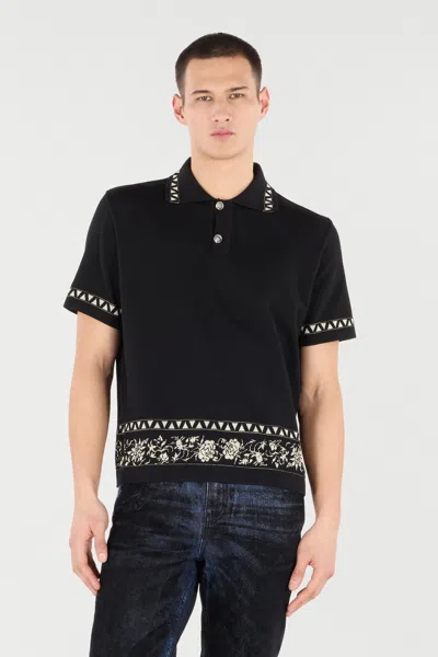 Roberto Cavalli Knitted Polo Shirt With Jacquard Pattern In Black