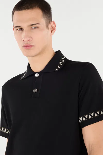 Roberto Cavalli Knitted Polo Shirt With Jacquard Pattern In Black
