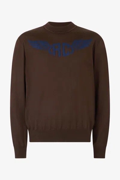 Roberto Cavalli Wool Sweater With Winged Logo In Brown