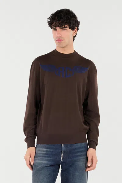 Roberto Cavalli Wool Sweater With Winged Logo In Brown