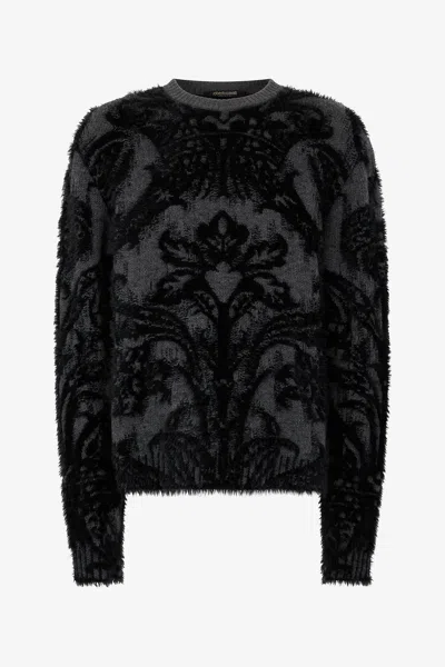 Roberto Cavalli Sweater With Plush Brocade Pattern In Black