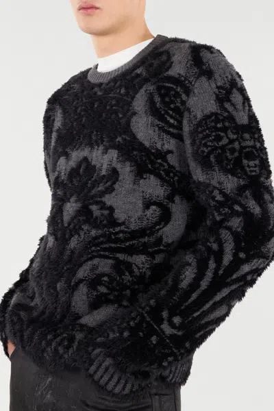 Roberto Cavalli Sweater With Plush Brocade Pattern In Black