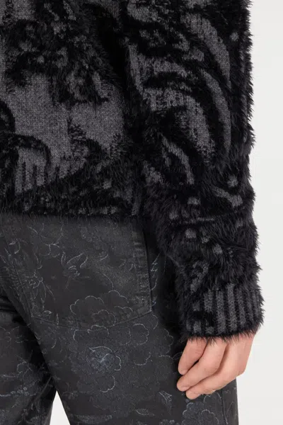 Roberto Cavalli Sweater With Plush Brocade Pattern In Black
