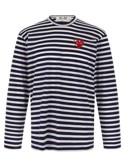 Comme Des Garçons Play Striped Logo Patch Crew Neck T-shirt In Blue