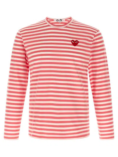 Comme Des Garçons Play Logo Patch Stripes T-shirt In Red