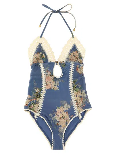 Zimmermann Cascadian Keyhole Crochet One Piece Tea Blue Botanical Floral In Blue