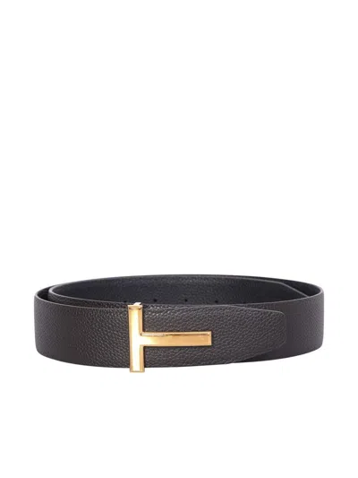 Tom Ford Soft Grain Leather Reversible T Belt 30 Mm In Black