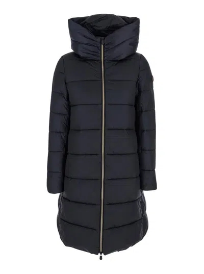 Save The Duck Lysa Black Long Down Jacket With Logo Detail In Shiny Fabric Woman