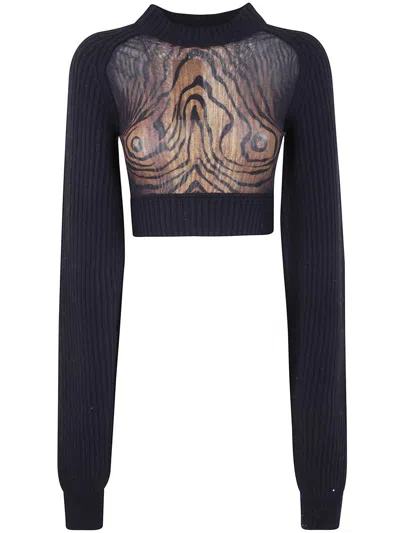 Jean Paul Gaultier Lambswool Ribbed Long Sleeves Cropped Sweater With Printed Mesh Cut Out Details C In Black