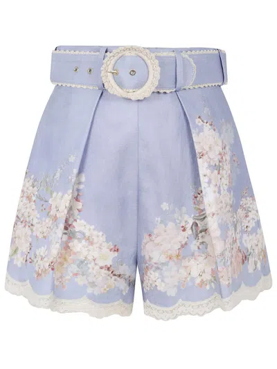 Zimmermann Cascadian Belted Lace-trimmed Pleated Floral-print Linen Shorts In Blue