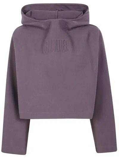 Jean Paul Gaultier Bonded Cotton Cropped Bat Sleeves Hoodie With "gaultier" Embossing Clothing In Purple